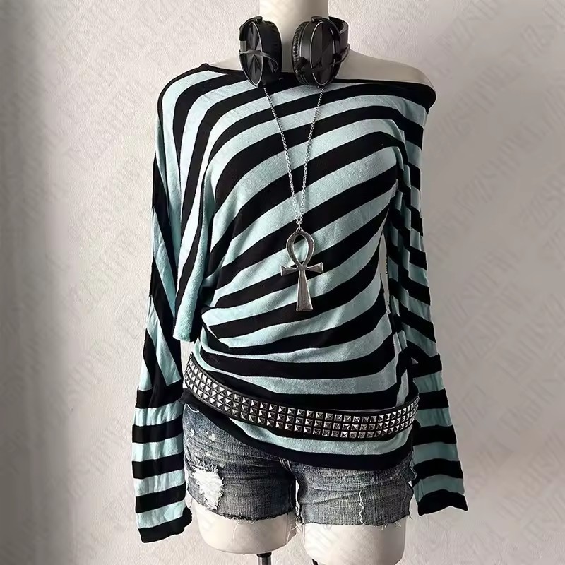 Off Shoulder Top - Sweater Lengan Panjang Bergaris Kerah Bulat