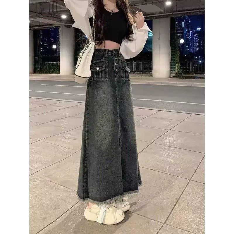 A-Line Skirt Midi - Rok Denim Midi A-Line Pinggang Tinggi