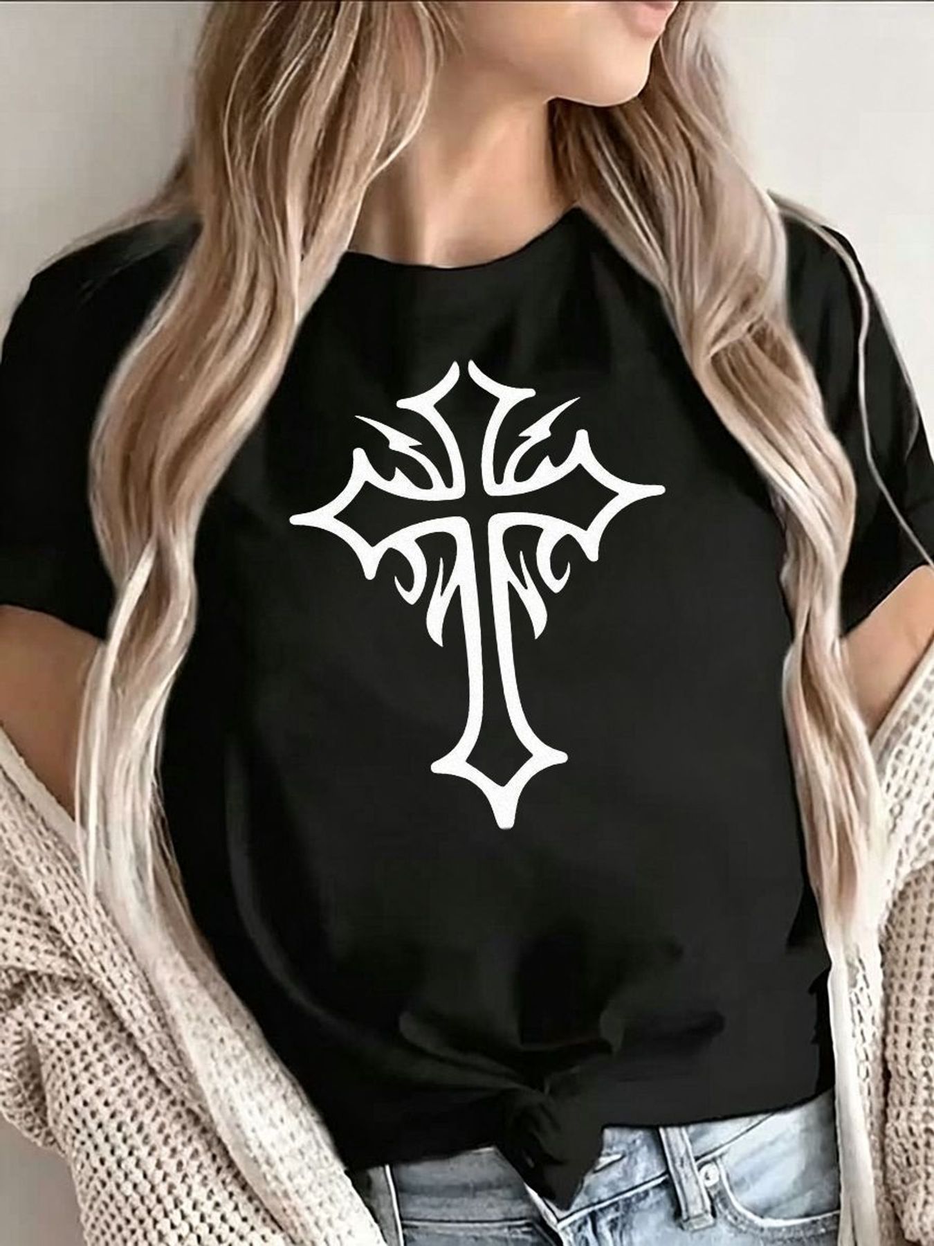 Women'S Y2K Fashion Aesthetic - Kaos Grafis Salib Gotik Wanita Fashion
