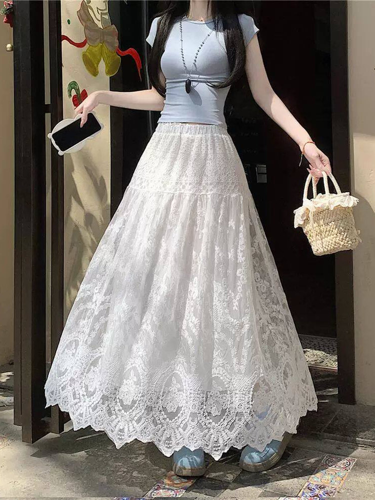 A-Line Skirt Midi - Rok Midi A-Line Berenda Pinggang Tinggi