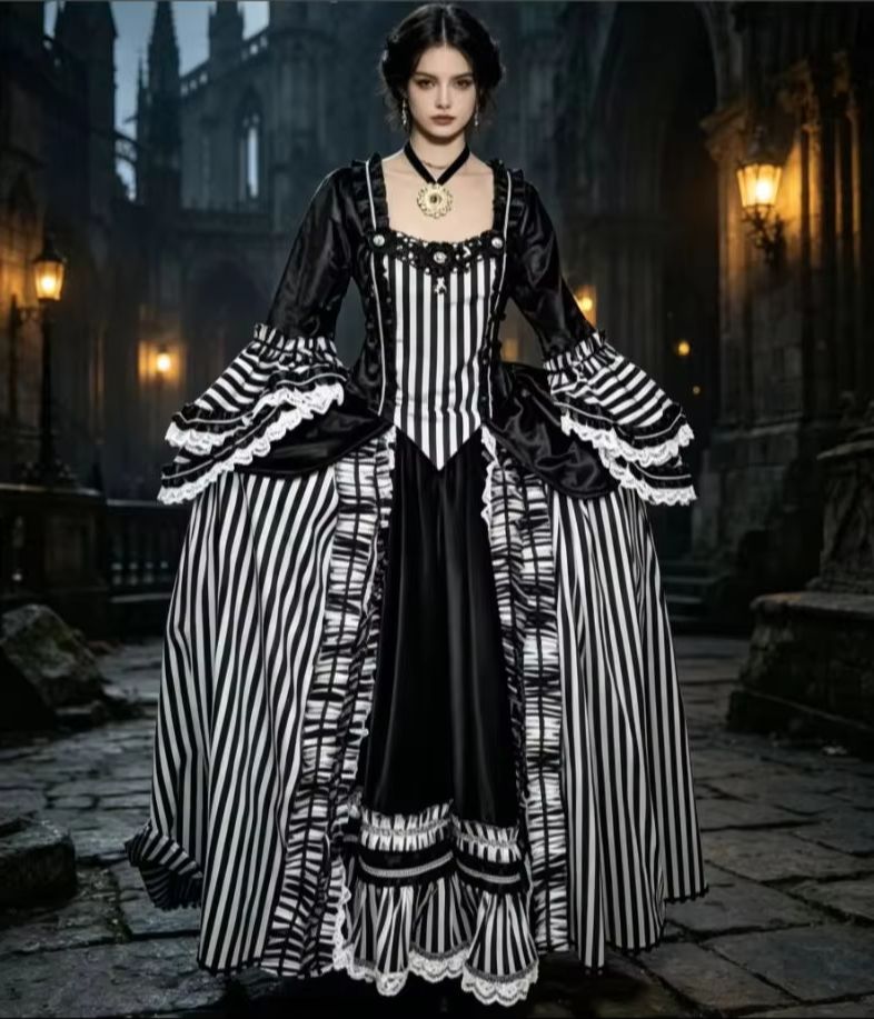 Women Fashion Gown - Kostum Gaun Bergaris Hitam Putih Rococo