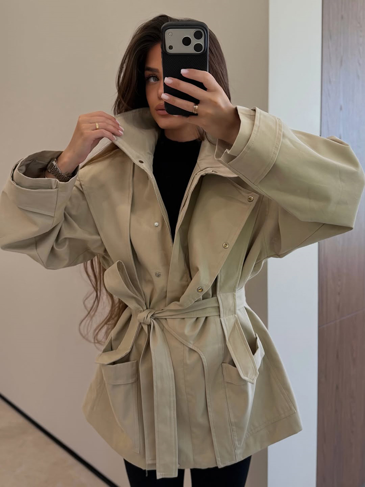 Women'S Fashion Utility Belt - Jas Trench Wanita Model Pendek Berikat