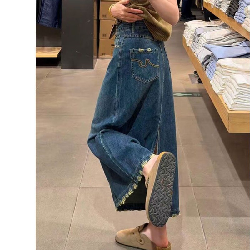 A-Line Skirt Midi - Rok Denim Bordir Ruffle Hem Wanita