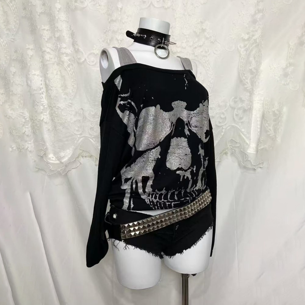 Y2K Kaus Punk Gotik Bahu Terbu - Off Shoulder Top ulasan dan harga
