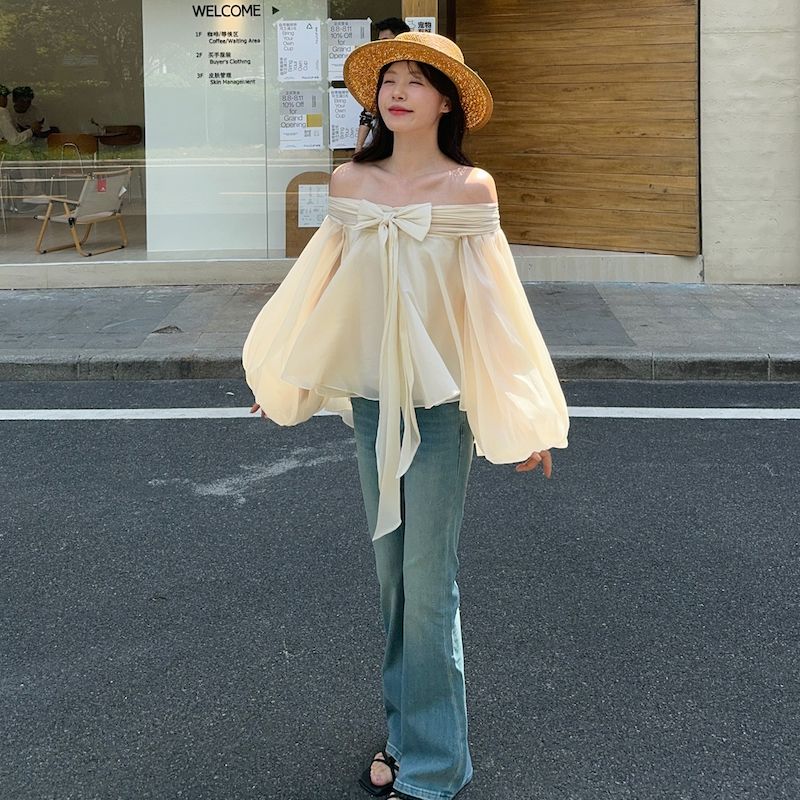 Kemeja Lengan Puff Gaya Pranci - Off Shoulder Top ulasan dan harga
