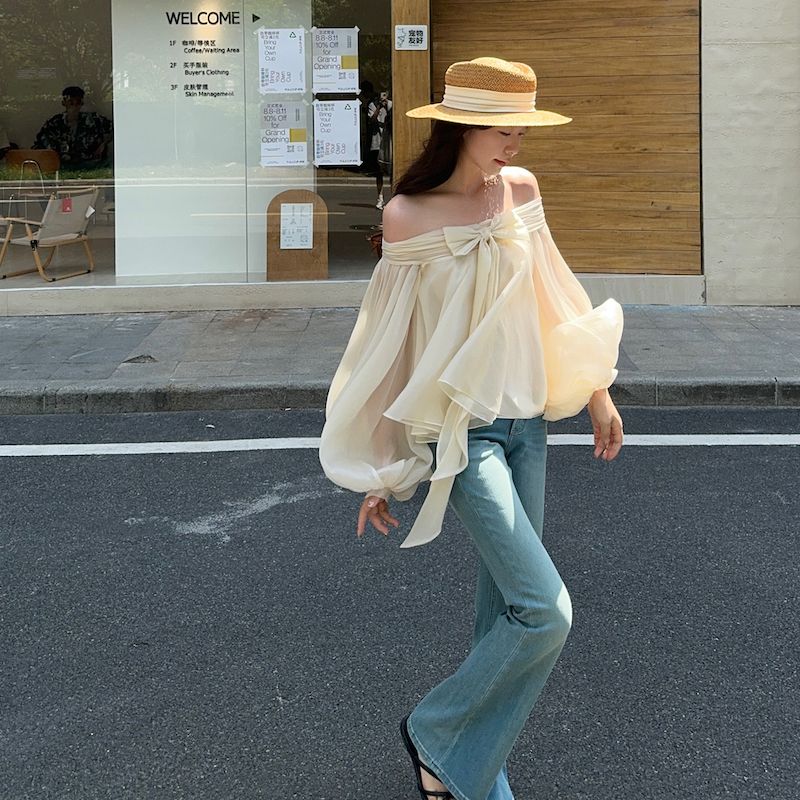 Kemeja Lengan Puff Gaya Pranci - Off Shoulder Top ulasan dan harga
