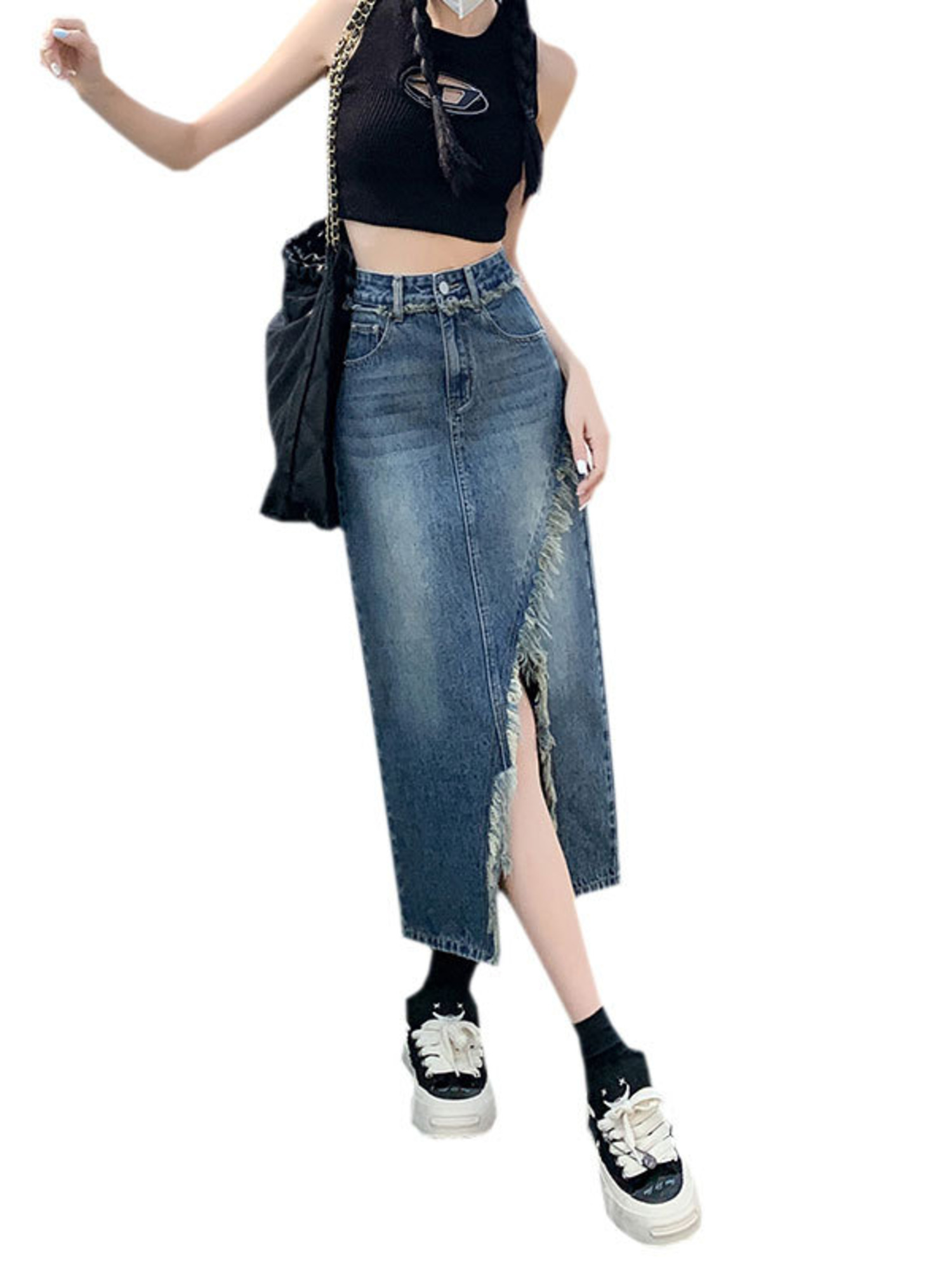Rok Denim Wanita Pinggang Ting - A-Line Skirt Midi ulasan dan harga